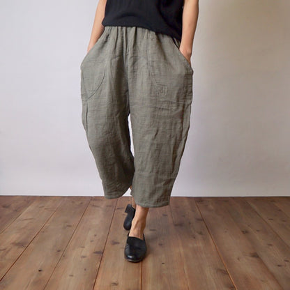 七分褲紗布氣球褲/卡其色/知多棉 格子圖案紗布