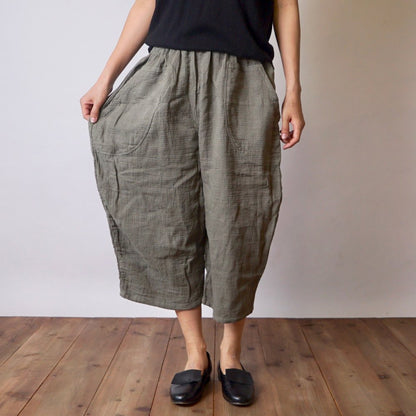七分褲紗布氣球褲/卡其色/知多棉 格子圖案紗布
