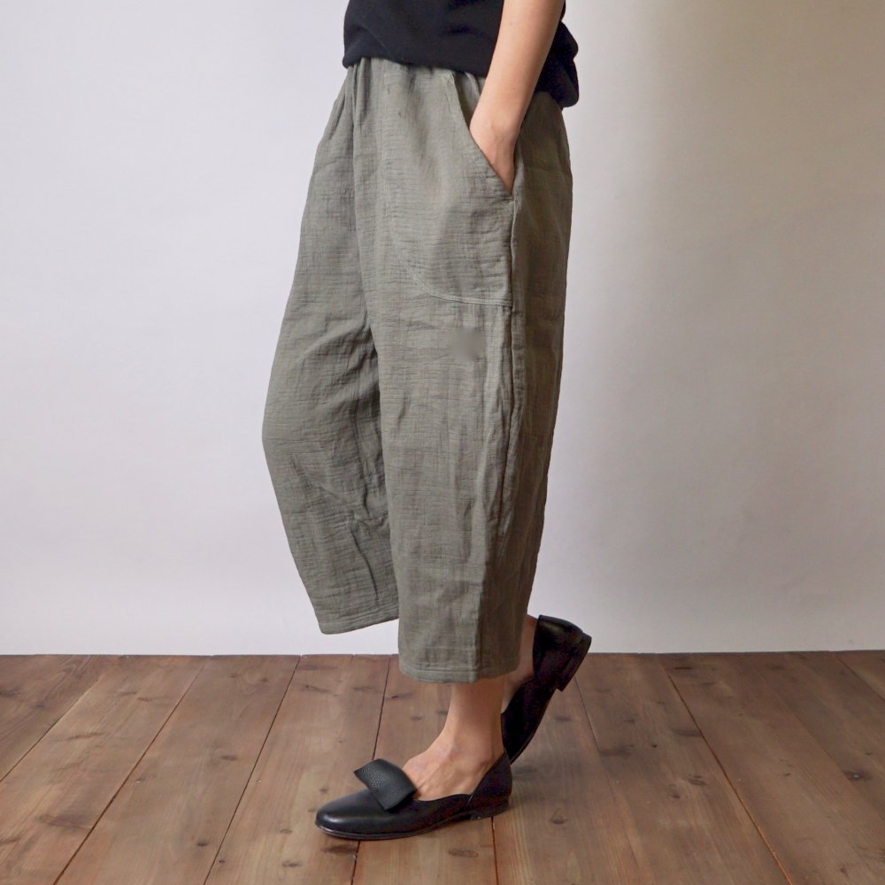 七分褲紗布氣球褲/卡其色/知多棉 格子圖案紗布