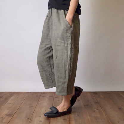 七分褲紗布氣球褲/卡其色/知多棉 格子圖案紗布