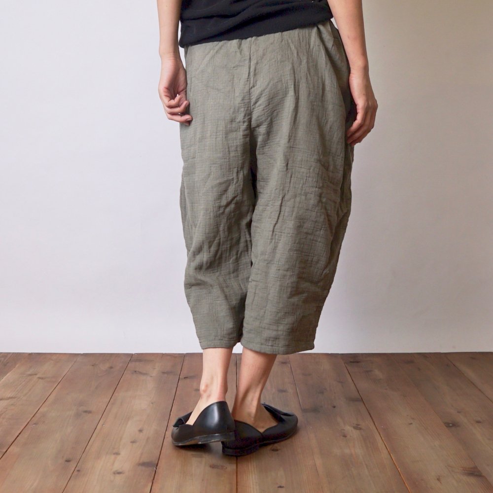 七分褲紗布氣球褲/卡其色/知多棉 格子圖案紗布