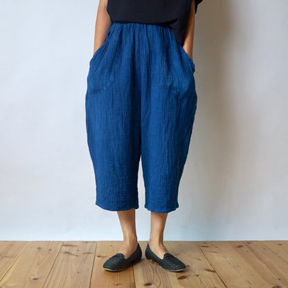 七分褲紗布氣球褲/靛藍色/知多棉 格子圖案紗布