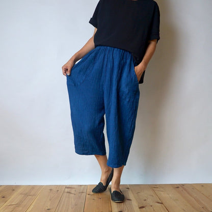 七分褲紗布氣球褲/靛藍色/知多棉 格子圖案紗布