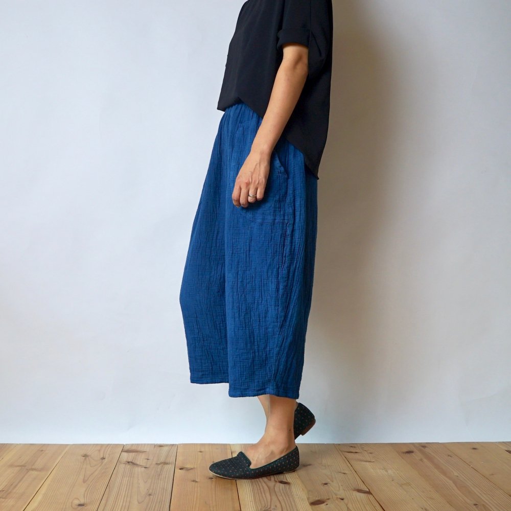 七分褲紗布氣球褲/靛藍色/知多棉 格子圖案紗布