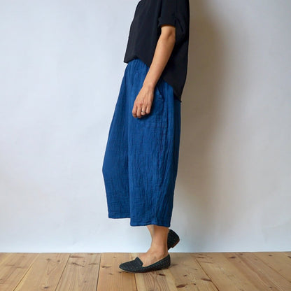 七分褲紗布氣球褲/靛藍色/知多棉 格子圖案紗布