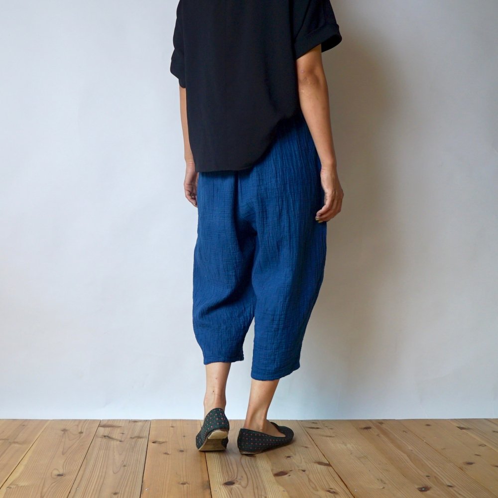 七分褲紗布氣球褲/靛藍色/知多棉 格子圖案紗布