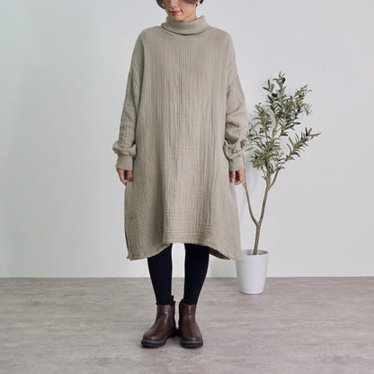 高領連衣裙 毛絨6層紗布/卡其色/三河織物