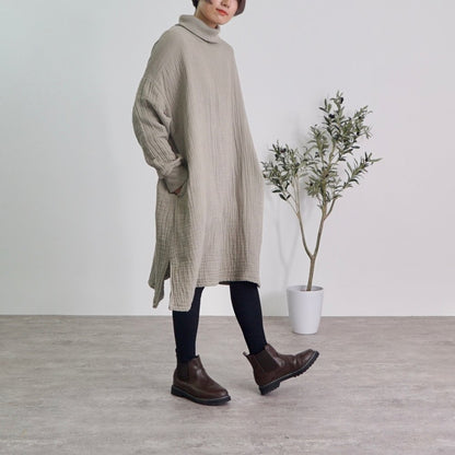 高領連衣裙 毛絨6層紗布/卡其色/三河織物