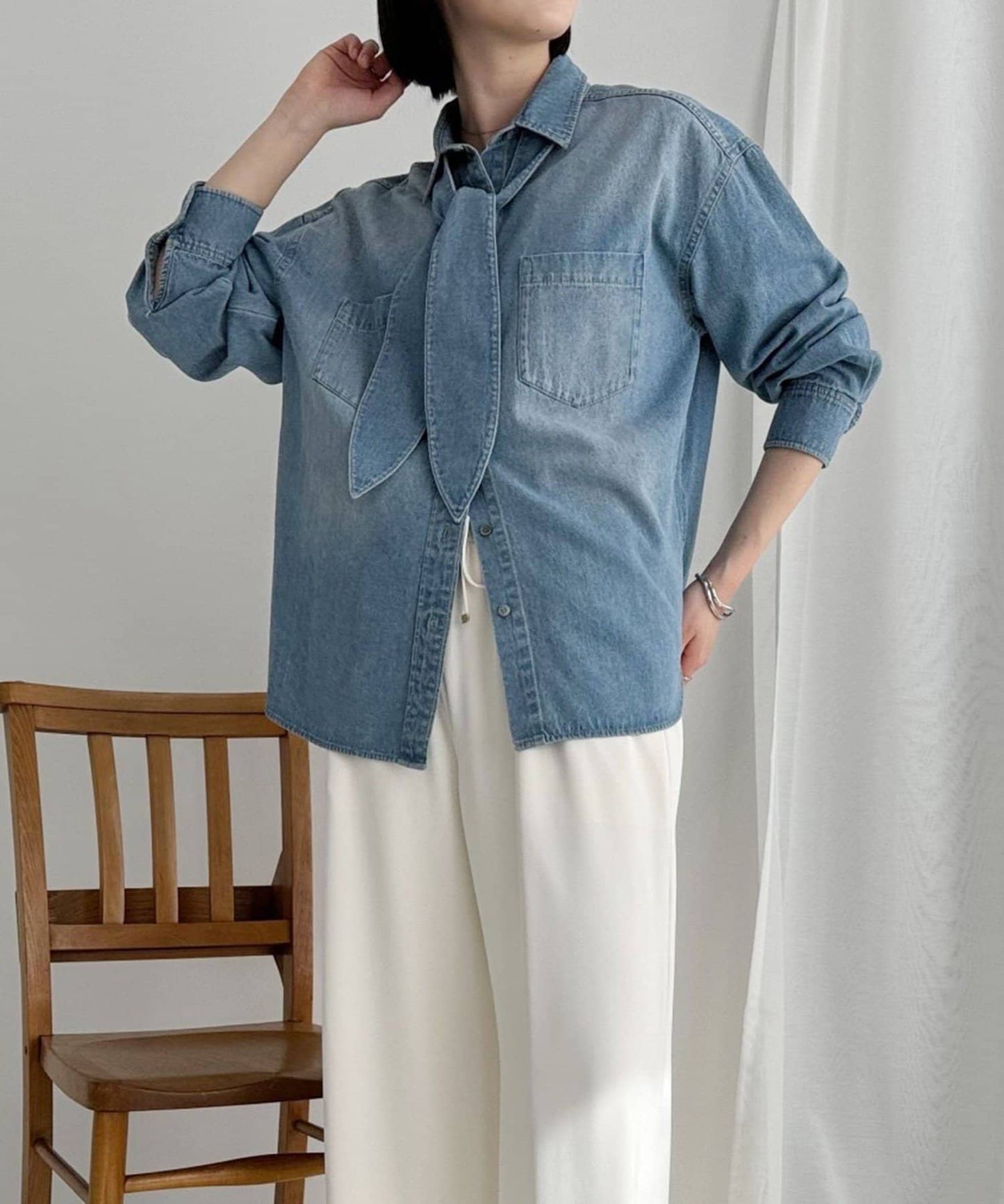 牛仔2WAY蝴蝶結襯衫