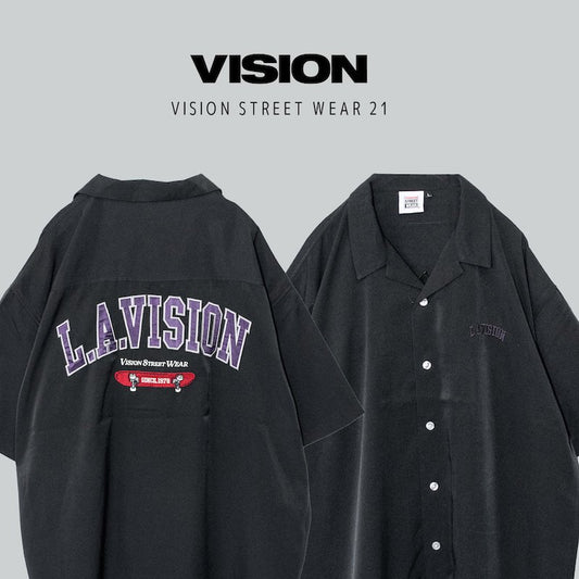 VISION STREET WEAR 綢緞徽章開襟短袖襯衫 黑色【特價】 (CT6224BK)