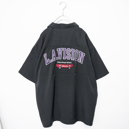 VISION STREET WEAR 綢緞徽章開襟短袖襯衫 黑色【特價】 (CT6224BK)