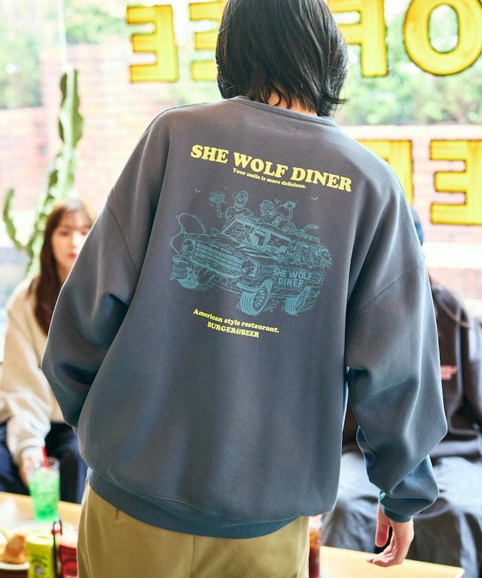 SHE WOLF DINER×FREAK'S STORE/海狼餐廳 聯名 大尺寸 後背印花 圓領衛衣 CAR