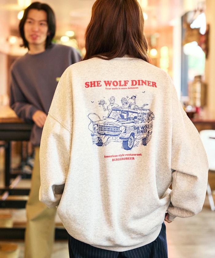 SHE WOLF DINER×FREAK'S STORE/海狼餐廳 聯名 大尺寸 後背印花 圓領衛衣 CAR