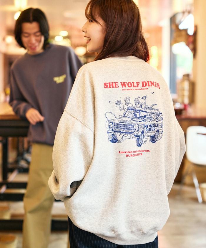 SHE WOLF DINER×FREAK'S STORE/海狼餐廳 聯名 大尺寸 後背印花 圓領衛衣 CAR