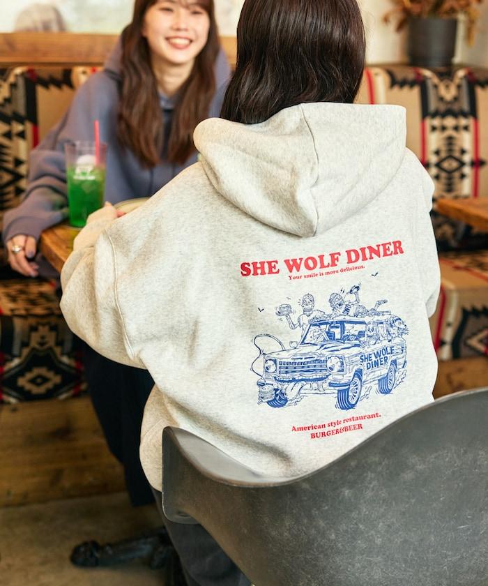 SHE WOLF DINER×FREAK'S STORE/海狼餐廳 聯名 大尺寸 後背印花 帶帽衛衣 CAR