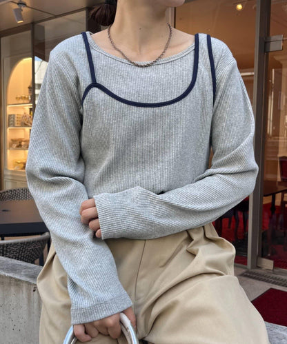 條紋不對稱吊帶疊穿上衣