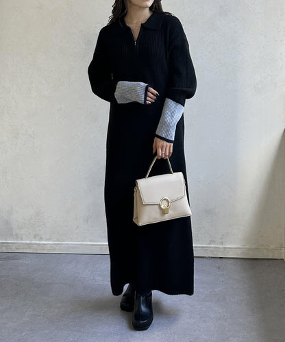 袖口配色半拉鍊針織衫 ONE PIECE