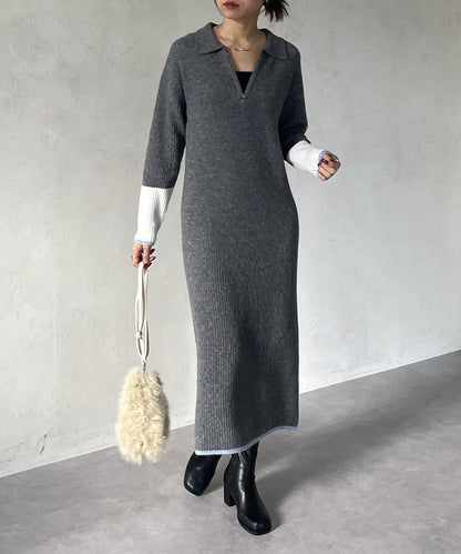 袖口配色半拉鍊針織衫 ONE PIECE