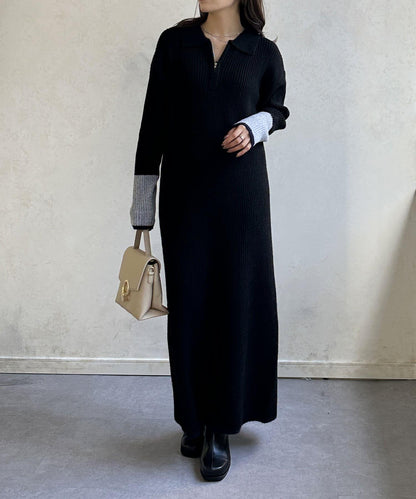 袖口配色半拉鍊針織衫 ONE PIECE