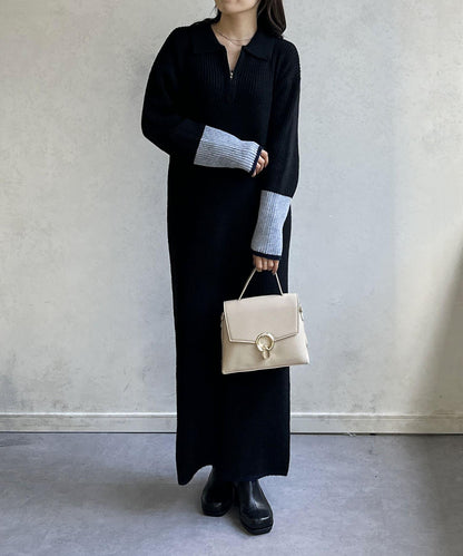 袖口配色半拉鍊針織衫 ONE PIECE