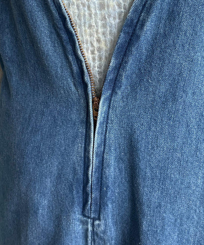 細帶牛仔前開拉鍊工裝連體褲