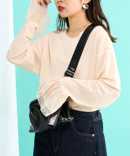 【2025年S/S新作】袖蕾絲拼接混搭荷葉邊透視T恤