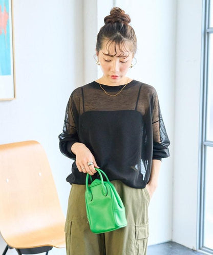 手洗可 亞麻混紡 透視 長袖T恤（針織）