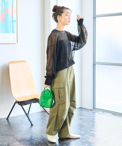 手洗可 亞麻混紡 透視 長袖T恤（針織）