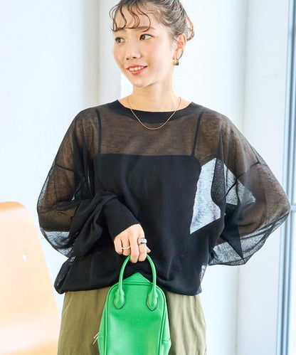 手洗可 亞麻混紡 透視 長袖T恤（針織）