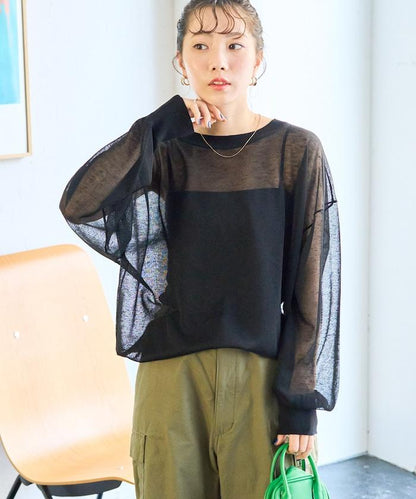 手洗可 亞麻混紡 透視 長袖T恤（針織）