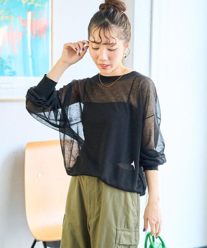 手洗可 亞麻混紡 透視 長袖T恤（針織）