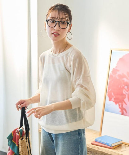 手洗可 亞麻混紡 透視 長袖T恤（針織）