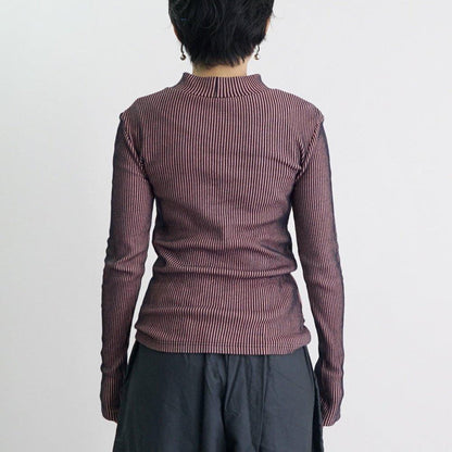 條紋高領針織上衣/粉色/三河產針織