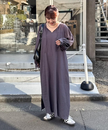 【菊姐企劃】亞麻人造絲蓬鬆袖連衣裙