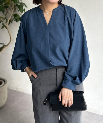 亞麻質感開叉領口襯衫