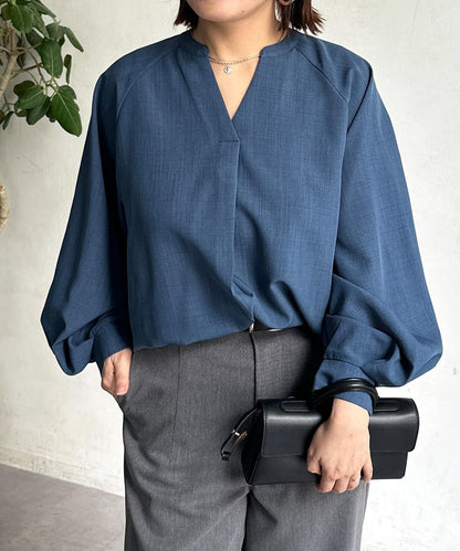 亞麻質感開叉領口襯衫