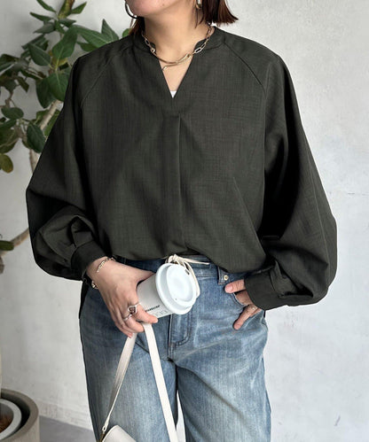 亞麻質感開叉領口襯衫