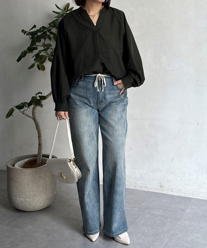 亞麻質感開叉領口襯衫