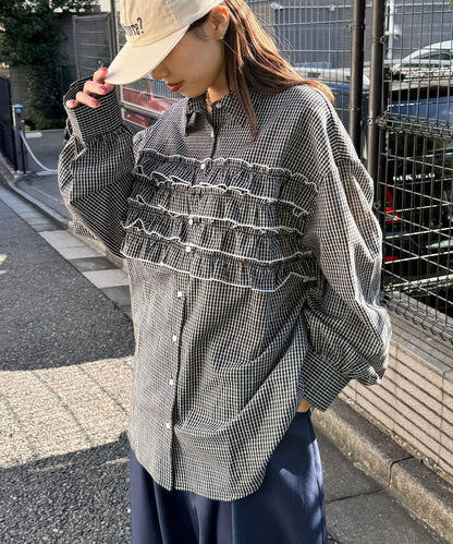 荷葉邊拼接上衣