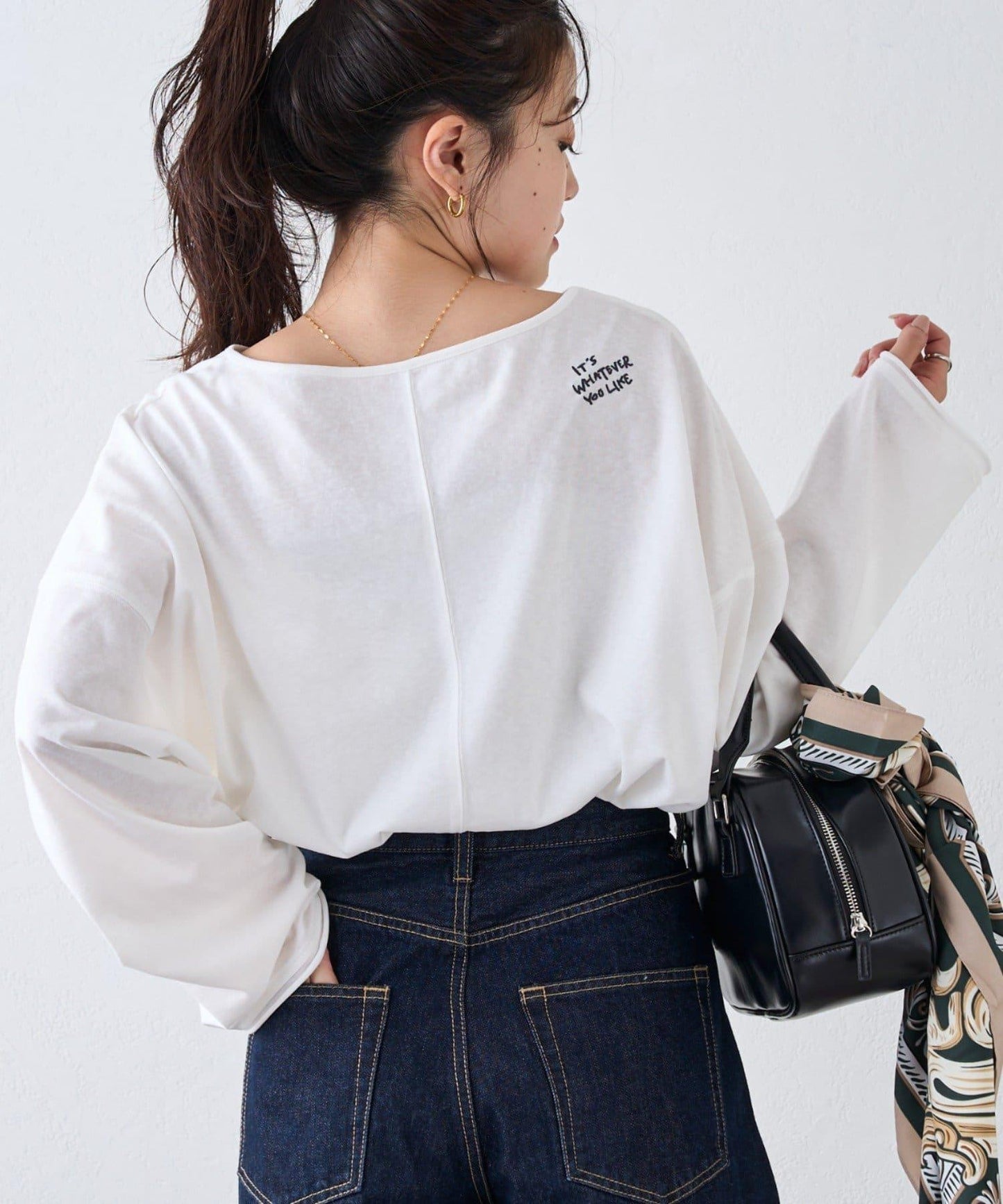 透視拼接一點刺繡oversize T 恤