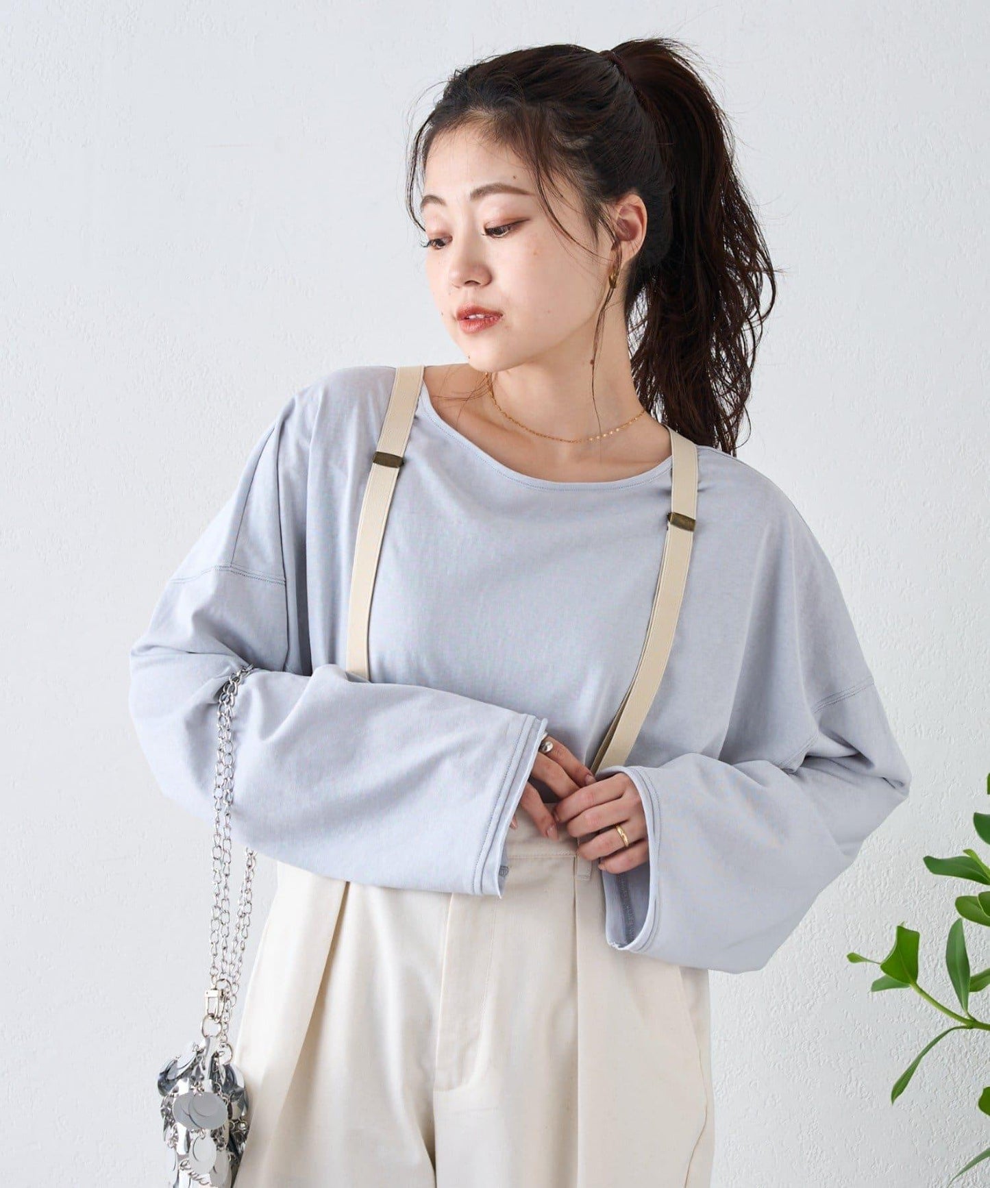 透視拼接一點刺繡oversize T 恤