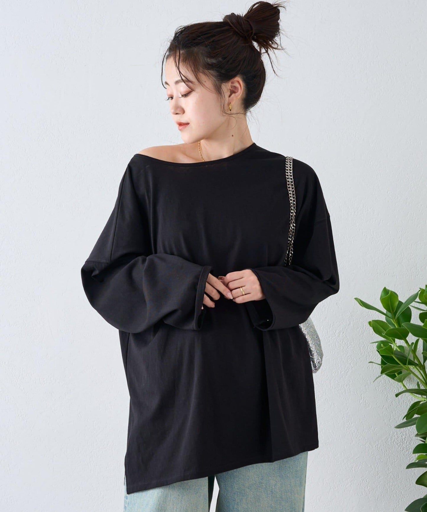 透視拼接一點刺繡oversize T 恤