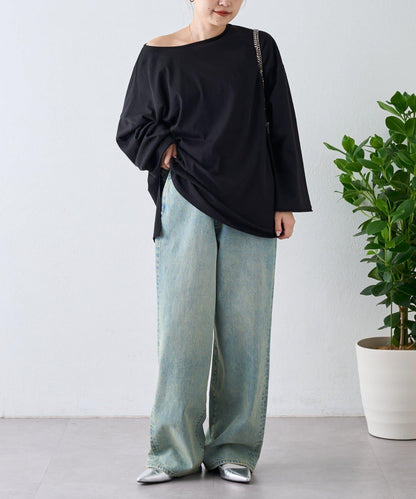 透視拼接一點刺繡oversize T 恤