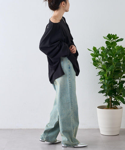 透視拼接一點刺繡oversize T 恤