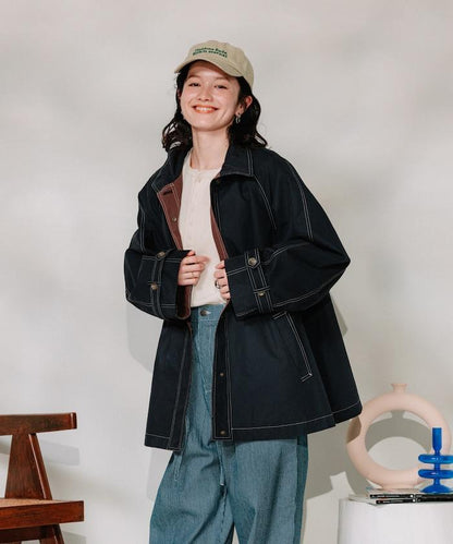 配色彩縫線 迷你大衣/喇叭大衣