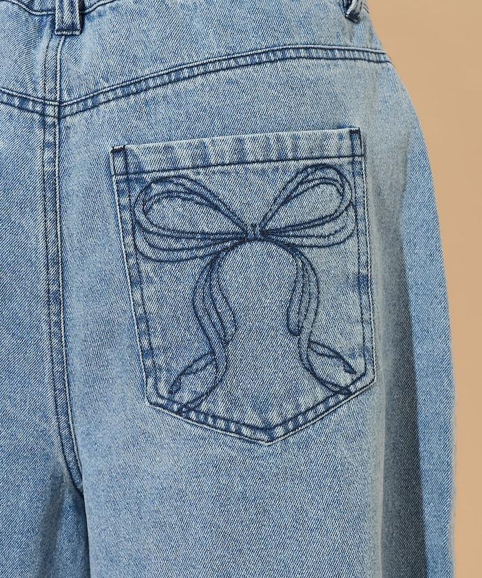 蝴蝶結 刺繡牛仔短褲