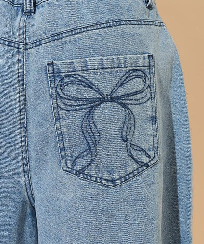 蝴蝶結 刺繡牛仔短褲