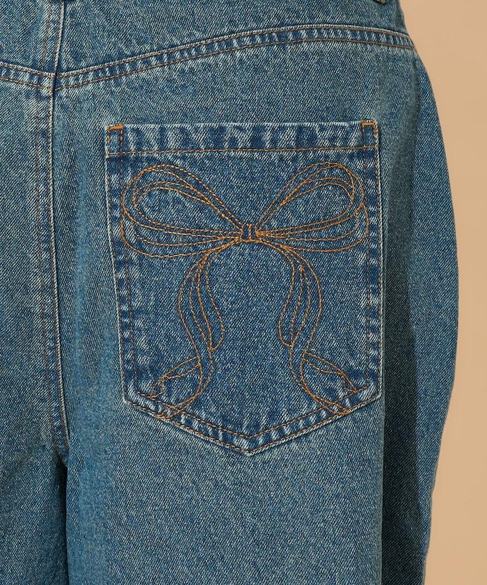 蝴蝶結 刺繡牛仔短褲