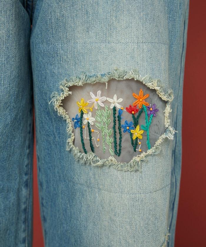花朵刺繡寬鬆牛仔褲