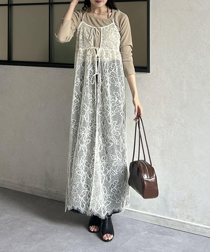 葉子圖案蕾絲蝴蝶結吊帶連衣裙